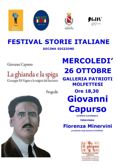 NUOVO APPUNTAMENTO DI STORIE ITALIANE, IL PRIMO FESTIVAL DI LETTERATURA A MOLFETTA. OGGI, MERCOLED 26 OTTOBRE, LA PRESENTAZIONE DEL LIBRO DI GIOVANNI CAPURSO