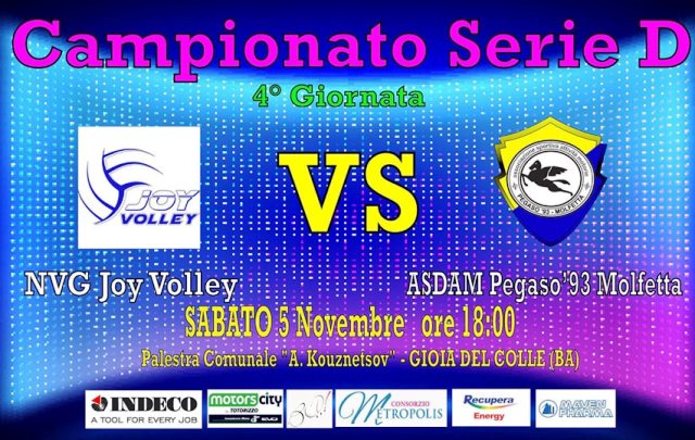 TRASFERTA INSIDIOSA PER LASDAM PEGASO 93 MOLFETTA, SABATO 5 NOVEMBRE, NEL CAMPIONATO DI SERIE D DI PALLAVOLO FEMMINILE