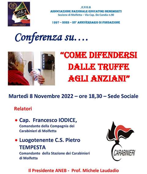 LANEB DI MOLFETTA ORGANIZZA PER QUESTA SERA, MARTED 8 NOVEMBRE, UN INCONTRO SUL TEMA COME DIFENDERSI DALLE TRUFFE AGLI ANZIANI