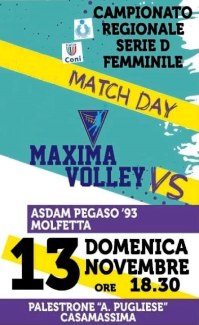 SECONDA TRASFERTA CONSECUTIVA PER LASDAM PEGASO 93 MOLFETTA IMPEGNATA NEL BIG MATCH CONTRO LA MAXIMA VOLLEY