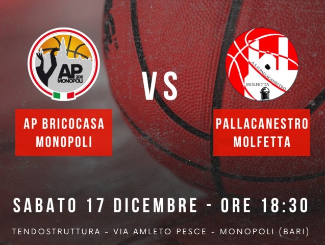 ULTIMA TRASFERTA DEL 2022 PER LA PAVIMARO PALLACANESTRO MOLFETTA. SABATO 17 DICEMBRE SFIDA CONTRO LAP MONOPOLI