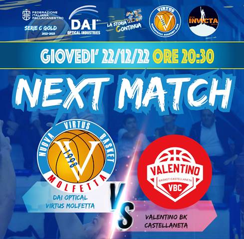 PRIMA GIORNATA DI RITORNO PER LA DAI OPTICAL VIRTUS BASKET MOLFETTA. GIOVED 22 DICEMBRE AL PALAPOLI ARRIVA VALENTINO BK CASTELLANETA