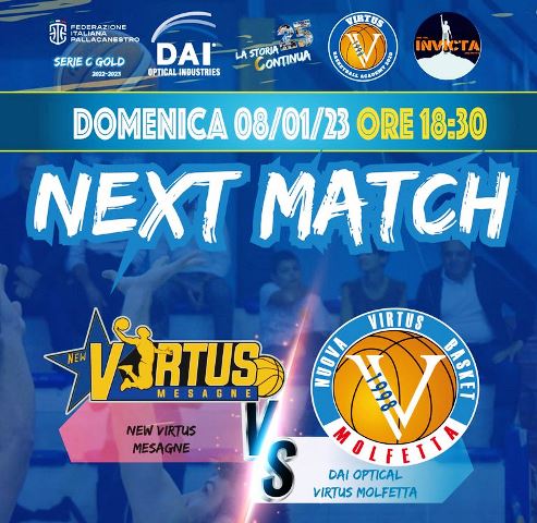 LA DAI OPTICAL VIRTUS BASKET MOLFETTA IN TRASFERTA A MESAGNE ALLA RICERCA DELLA TERZA VITTORIA CONSECUTIVA