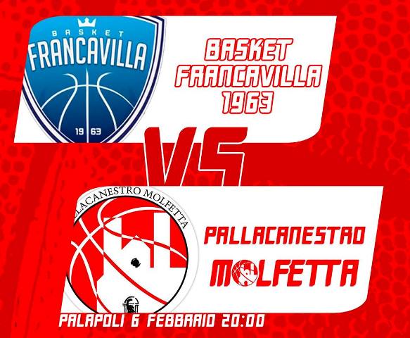 LA PAVIMARO PALLACANESTRO MOLFETTA GIOCA LUNED 6 FEBBRAIO LA QUARTA GIORNATA DI RITORNO DEL CAMPIONATO DI SERIE C SILVER. AL PALAPOLI ARRIVA IL BASKET FRANCAVILLA