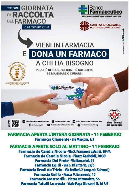 SI SVOLGER SABATO 11 FEBBRAIO LINIZIATIVA DONA UN FARMACO A CHI NE HA BISOGNO IN OCCASIONE DELLA 23ESIMA GIORNATA DI RACCOLTA DEL FARMACO