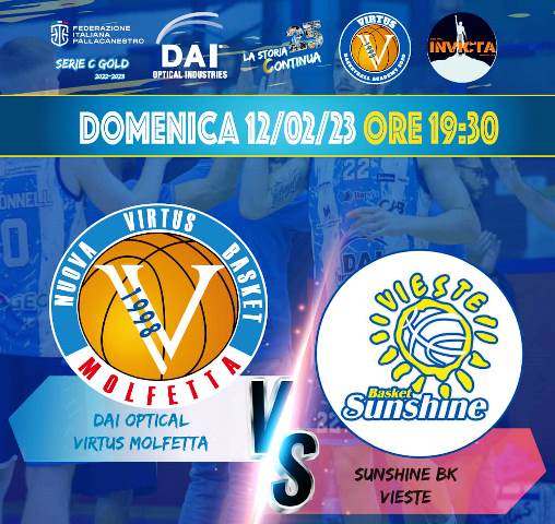 LA DAI OPTICAL VIRTUS BASKET MOLFETTA OSPITA AL PALAPOLI IL SUNSHINE BK VIESTE. OBIETTIVO RISCATTARE LA SCONFITTA DI SETTE GIORNI FA CONTRO IL MOLA