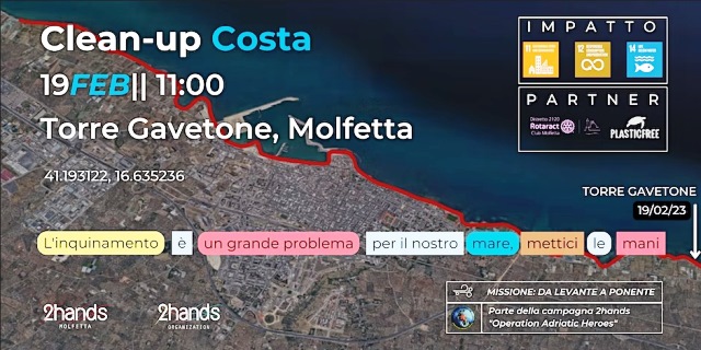 RIPARTE DOMENICA 19 FEBBRAIO LINIZIATIVA DI 2HANDS MOLFETTA PER LA BONIFICA DI TUTTA LA COSTA MOLFETTESE DAI RIFIUTI E DALLA PLASTICA