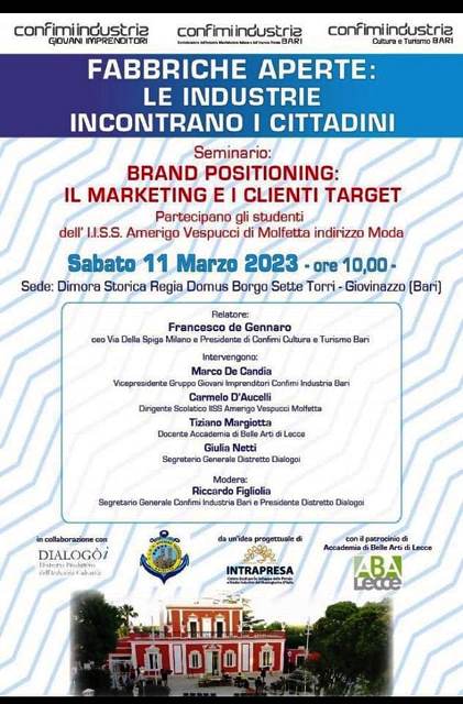 CONFIMI INDUSTRIA BARI ORGANIZZA UN INCONTRO DEDICATO ALLA MODA, AL BRAND E AL TURISMO DI QUALIT