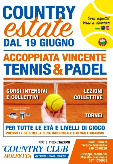 PARTONO LE ATTIVIT ESTIVE DEL COUNTRY CLUB DI MOLFETTA: TENNIS & PADEL