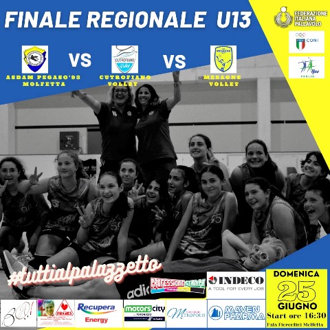 SI GIOCHER AL PALAFIORENTINI DI MOLFETTA, DOMENICA 25 GIUGNO, LA FINALE DELLA FASE REGIONALE UNDER 13 FEMMINILE. GRANDE PROTAGONISTA LASDAM PEGASO 93 MOLFETTA