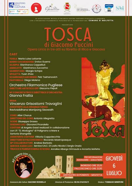 APPUNTAMENTO CON LA MUSICA LIRICA, GIOVED 6 LUGLIO. ALLANFITEATRO DI PONENTE VA IN SCENA LA TOSCA DI GIACOMO PUCCINI