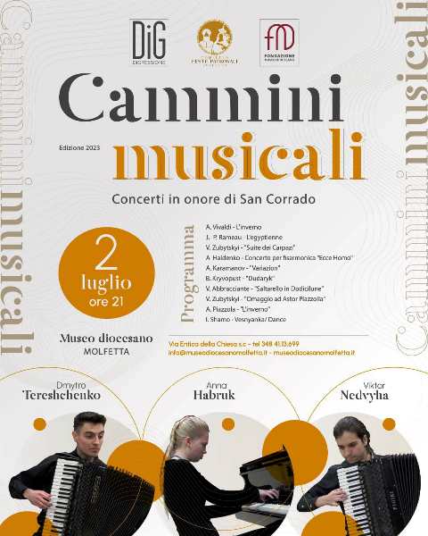 DOMENICA 2 LUGLIO, IN OCCASIONE DELLINIZIO DELLA FESTA PATRONALE ESTIVA DEDICATA AL PATRONO SAN CORRADO DI BAVIERA, SI TERR UN CONCERTO GRATUITO: CAMMINI MUSICALI