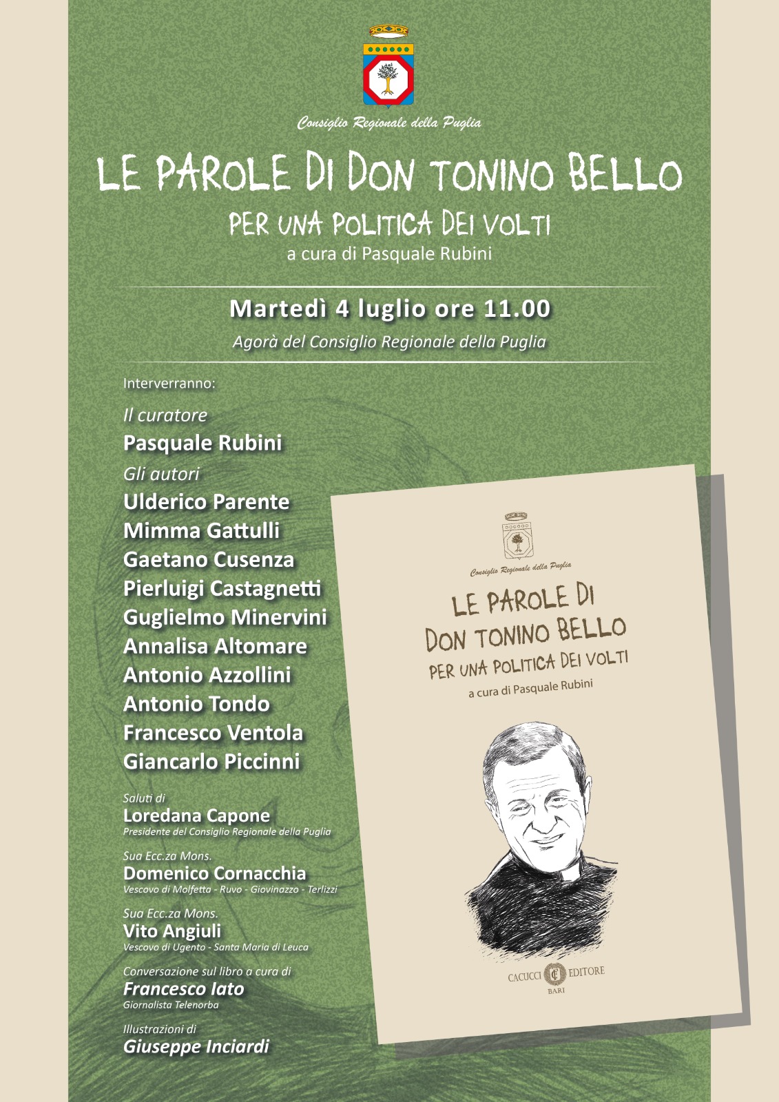 PRESENTATO AL CONSIGLIO REGIONALE DELLA PUGLIA IL VOLUME SU DON TONINO BELLO DI DON PASQUALE RUBINI